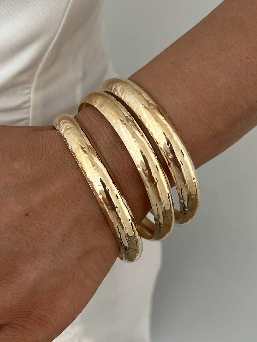 Bộ 3 vòng tay kim loại bản rộng, kiểu dáng cổ điển, thanh lịch, thích hợp cho nữ giới đeo hàng ngày, dự tiệc, đi nghỉ mát hoặc làm quà tặng. - Vàng - Xem 1
