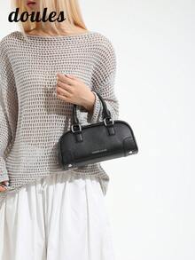 1pc Spring Solid Color PU Handbag, Women's Retro Fashion Baguette Handbag With Top Double Handles, Zipper Closure, Suitable For Office, Campus, Work, Commute, Outdoor, Travel And Casual Occasions - Black - View 2
