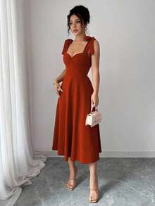 elegante y romántico para mujer con lazo decorativo en la cintura y corte evasé sin mangas - Óxido marrón - Ver 3
