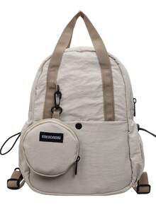 1 pieza Mochila unisex de tela de nailon de unicolor, bolso multifuncional y bolso de hombro adecuado para estudiantes universitarios, cierre con cremallera, uso diario (con monedero) - Beis - Ver 7
