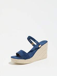 Women's Wedge Thick Bottom Sandals, Woven Straw Rope, Minimalist Strap Two-Way Wear Round Toe High Heel Slides - Blue - View 9