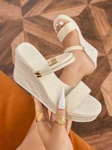 Women's Wedge Thick Bottom Sandals, Woven Straw Rope, Minimalist Strap Two-Way Wear Round Toe High Heel Slides,Summer Sandals - Apricot - View 4