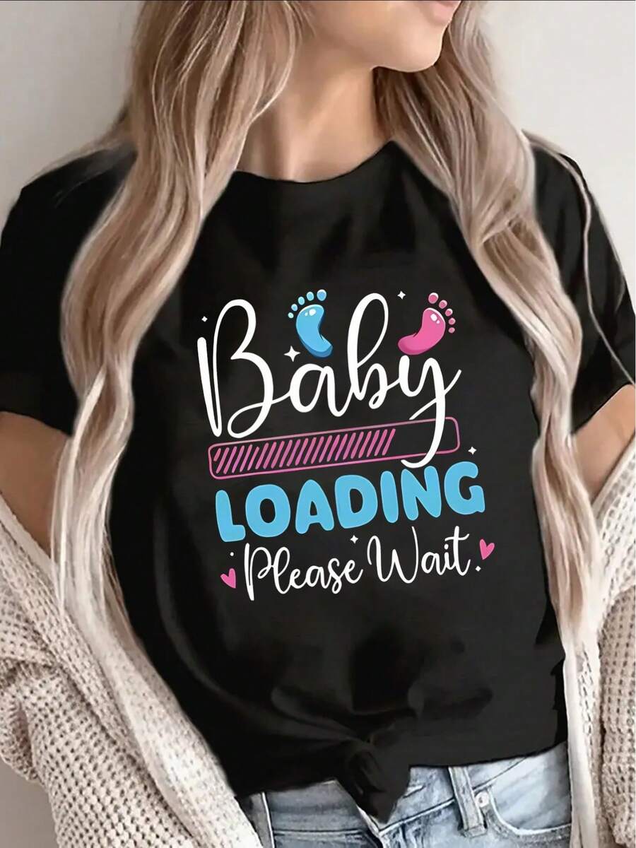 Women's Polyester Short Sleeve T-Shirt, "Charging Please" Design, Comfortable And Lightweight, Ideal For Casual Wear At Home Or Outings, Soft Fabric With Fun Pregnancy Announcement Graphic - 黑色 - 查看 1
