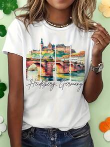 Camiseta de Mujer con Diseño de Acuarela de Heidelberg, Alemania, Camiseta con Estampado de Viajes Europeos, Cuello Redondo Casual, Manga Corta, Top de Recuerdo de Vacaciones - Blanco - Ver 1