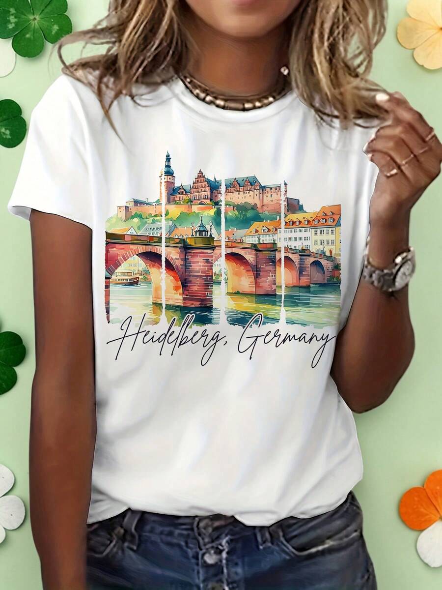 Camiseta de Mujer con Diseño de Acuarela de Heidelberg, Alemania, Camiseta con Estampado de Viajes Europeos, Cuello Redondo Casual, Manga Corta, Top de Recuerdo de Vacaciones - Blanco - Ver 1