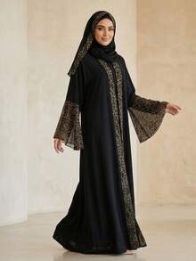 Áo choàng dài Abaya màu đen, áo khoác dáng maxi rộng rãi, họa tiết da báo, viền tương phản, kiểu dáng thường ngày, đa năng dành cho nữ. - màu đen - Xem 1