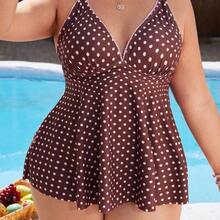 Swim Mod Plus Size Women's Polka Dot Print Deep V-Neck Ruffle Top Paired With Regular Trousers, Flattering Silhouette Beach Atmosphere Women's Swimwear Set - Multicolor - Ver 5