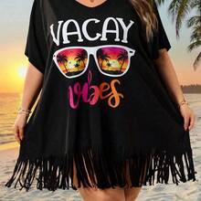 CURVE+ Curve Size US22Music Festival, Seaside Vacation, Bohemia Women's V-Neck Printed Loose Beach Cover-Up Top, Suitable For Summer Beach Vacation Plus Size Bathing Suits Women - Negro - Ver 6