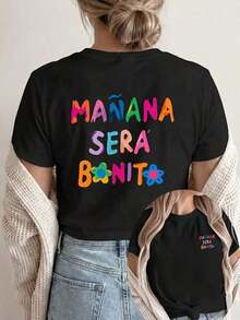 HERARIUM [Double-Sided Print] Women's T-Shirt, Casual Short-Sleeve Round Neck Top, Colorful "TOMORROW WILL BE BEAUTIFUL" Print, Washable, Suitable Casual Wear, Multipurpose T-Shirt, Comfortable Material, For Fashion Enthusiasts - 黑色 - 查看 7