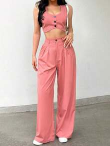 Set de 2 piezas para mujer: Top sin mangas de cuello de corazón con dobladillo asimétrico de unicolor y pantalón largo con bolsillo detallado - Rosa - Ver 5
