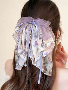 1pc Fairy Style Multi-Layer Mesh Floral Bow Ponytail Clip, Purple Ribbon Bow Hair Clip, Crystal Pendant Claw Clip, Matching Summer Outfits, Suitable For Daily/Vacation Wear, Women Fashion Hair Accessories - Multicolor - View 2