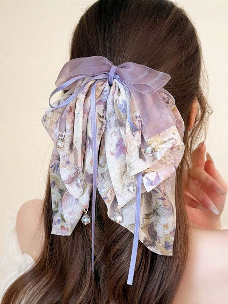 1pc Fairy Style Multi-Layer Mesh Floral Bow Ponytail Clip, Purple Ribbon Bow Hair Clip, Crystal Pendant Claw Clip, Matching Summer Outfits, Suitable For Daily/Vacation Wear, Women Fashion Hair Accessories