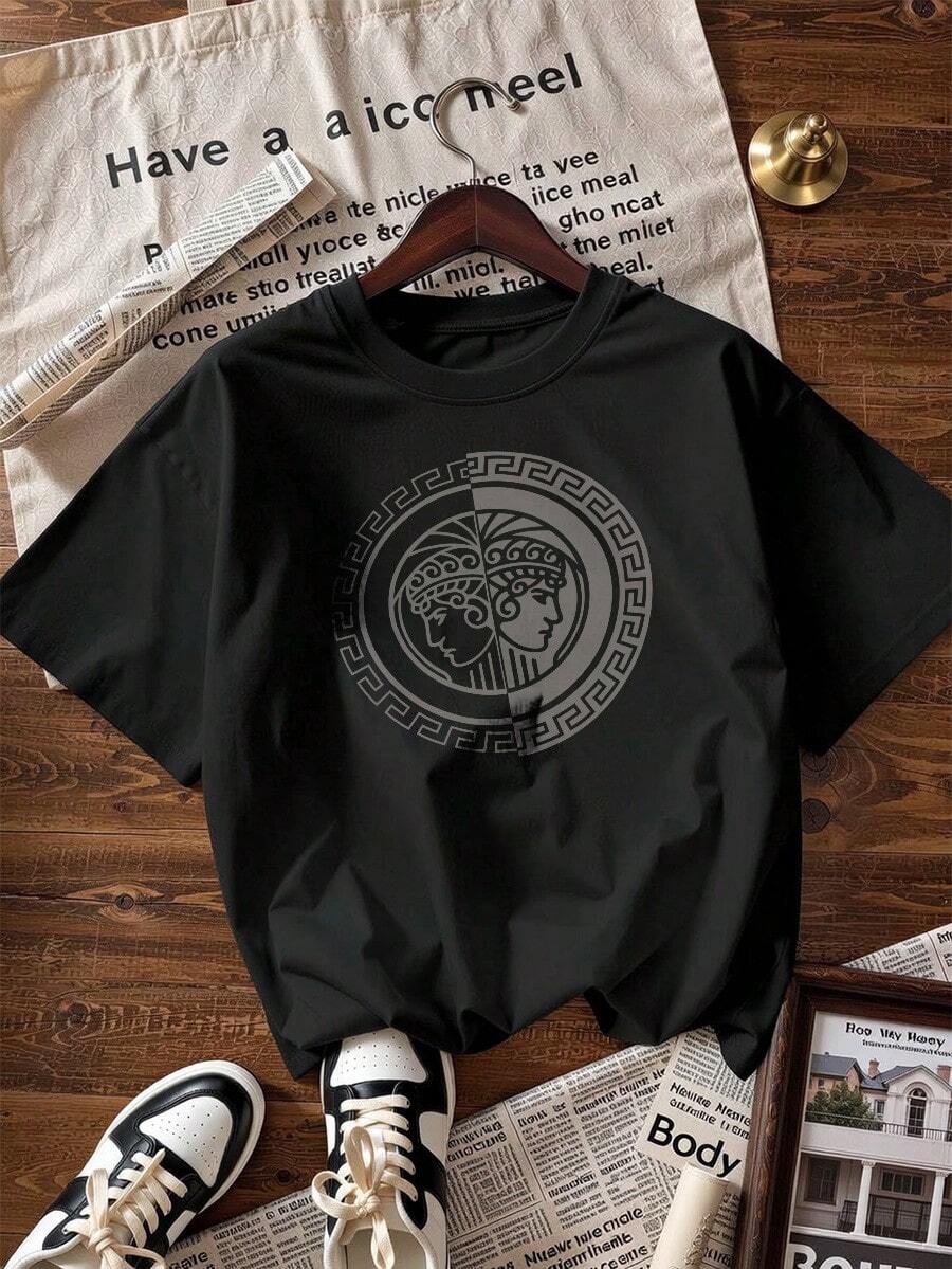 Short-Sleeve T-Shirt With Classic Gray Print, A Short-Sleeve T-Shirt For Spring And Summer 2026, Made In Mexico, 180 Grams. Cartoon Print, Couple Design, Suitable For Indoor Or Outdoor Wear. Crew Neck, Unisex, Ideal For The Office And Leisure. One-Pack. - BK-P631577SLNDXZGY414 - 查看 1