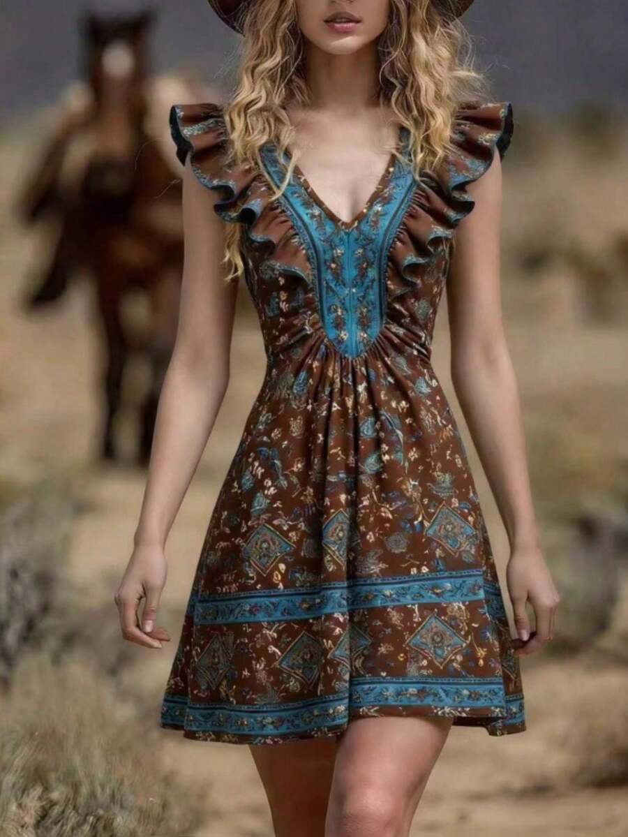 Women's Dress With Localized Print, New Spring-Summer 2026 Collection - Brown - View 1