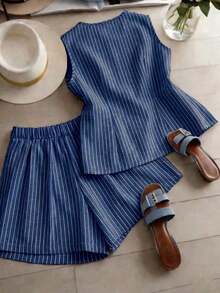 Conjunto de 2 piezas de mujer tejido a rayas de estilo elegante para el verano - Azul marino - Ver 2