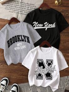 Choose 1 item from 3 colorscamisetas de manga corta de cuello redondo con estampado de gráficos de letras americanas de actitud, de estilo simple y clásico, perfectas para el verano y de uso versátil para mujeres - Blanco - Ver 1