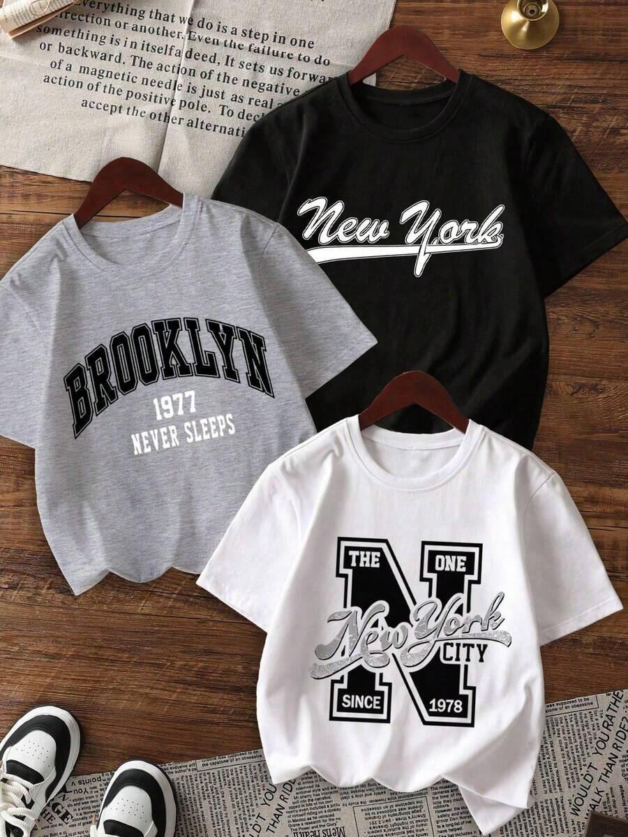 Choose 1 item from 3 colorscamisetas de manga corta de cuello redondo con estampado de gráficos de letras americanas de actitud, de estilo simple y clásico, perfectas para el verano y de uso versátil para mujeres - Blanco - Ver 1