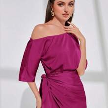 Asymmetrical Neck Batwing Sleeve Wrap Hem Satin Dress For Holiday Party Clothes Maxi Women Outfit Long Evening Dresses - Rojo violeta - Ver 4