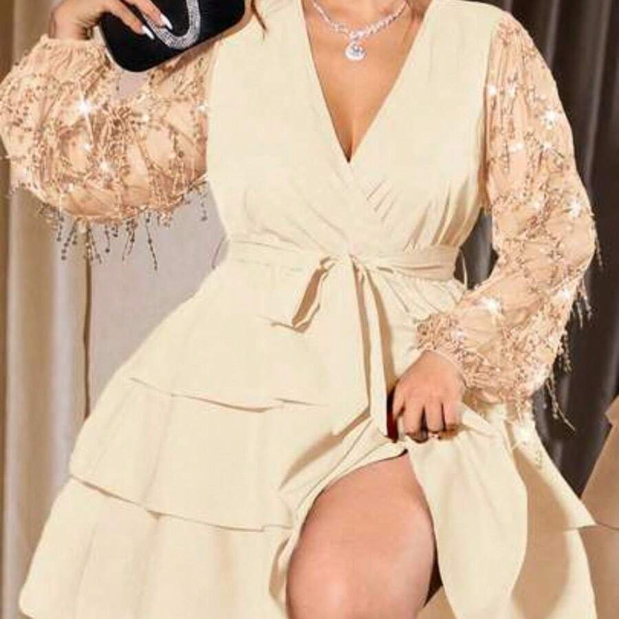Cravure Plus Size Women's Elegant Deep V-Neck Party Dress, Black Sequin Mesh Tie Waist Slim Fit Long Lantern Sleeve Ruffle Hem Knee-Length Sexy Mini Dress, Suitable For Valentine's Day, Music Festival, Halloween, Christmas Party, Prom, Holiday, Date, Wedding - Dorado - Ver 1