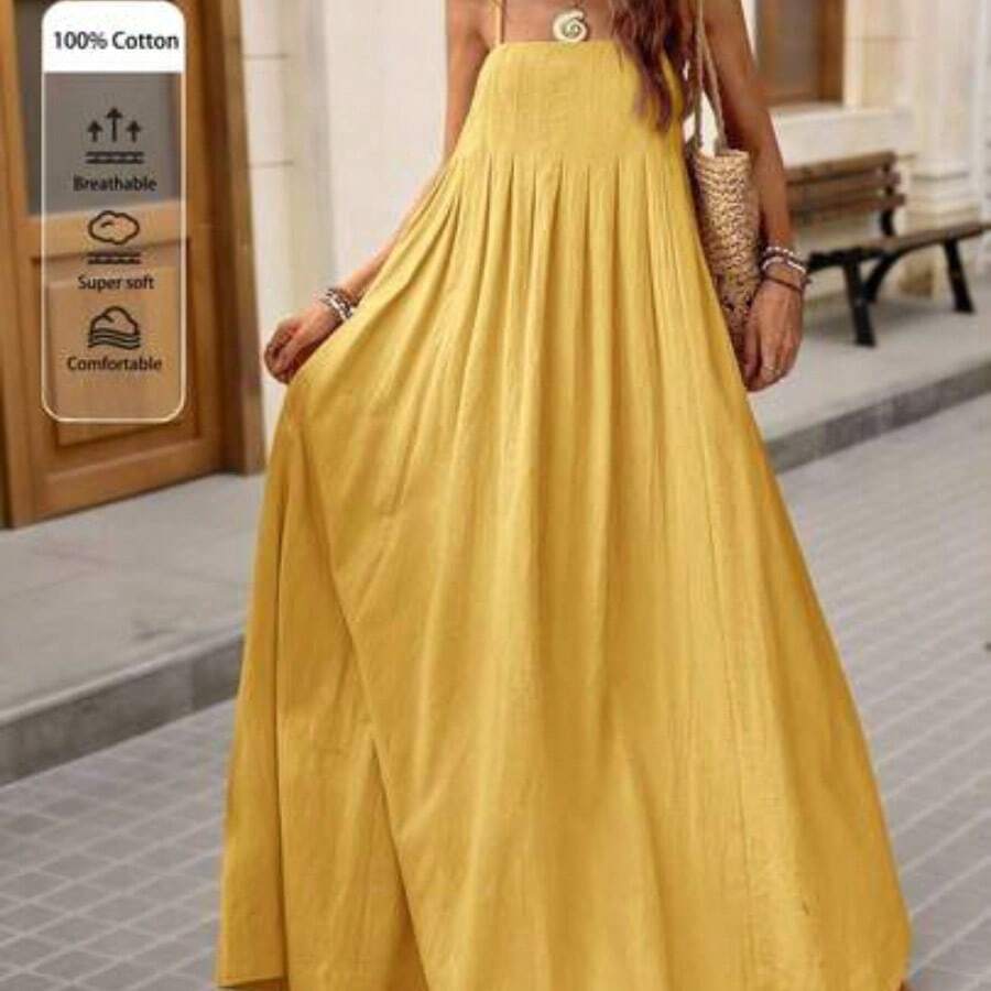 Women's Loose Solid Color Woven Dress, Suitable For Spring/Summer Vacation Solid Color Dress Green Maxi Dress Summer Dress - Amarillo - Ver 1