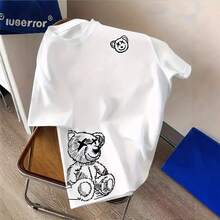 Nueva camiseta de manga corta para hombre de comercio exterior transfronterizo, con líneas simples y estampado digital de oso, de cuello redondo. - Negro - Ver 3