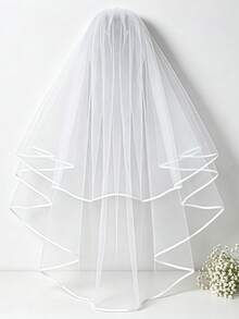 Double-Layer Satin Edged Soft Tulle Bridal Veil, Minimalist Elegant Wedding Ceremony Accessory - Multicolor - View 6