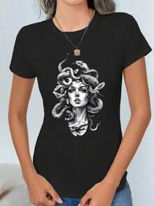 Camiseta casual de mujer de manga corta con cuello redondo y estampado de personajes, tops gráficos para mujeres HAGP M6PM - Negro - Ver 3