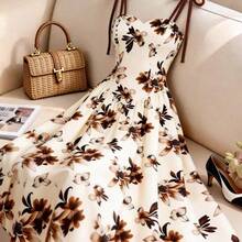 Women's Apricot Base Brown Floral Pattern Spaghetti Strap Waist A-Line Dress, Elegant And Charming For Vacation, Commute, Music Festival, Date, French Bohemian, Beach, Street, Versatile, Spring/Summer, Apricot Brown New Sleeveless Dress - Multicolor - Ver 8