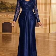 Lady Women's V-Neck Lace Patchwork Pleated Elegant Waist Cinched Long Party Dress - Verde Oscuro - Ver 11