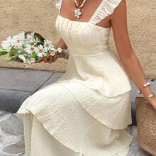 Women's Solid Color Minimalist Square Neck Long Dress, Casual Everyday Wear,Summer Dresses For Women - Albaricoque - Ver 3