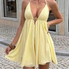 Women's Summer Black Spaghetti Strap Mini Dress, Deep V-Neck Camisole Style Tie-Up Chiffon Flowy Beach Holiday Party Dress Elegant - Amarillo - Ver 5