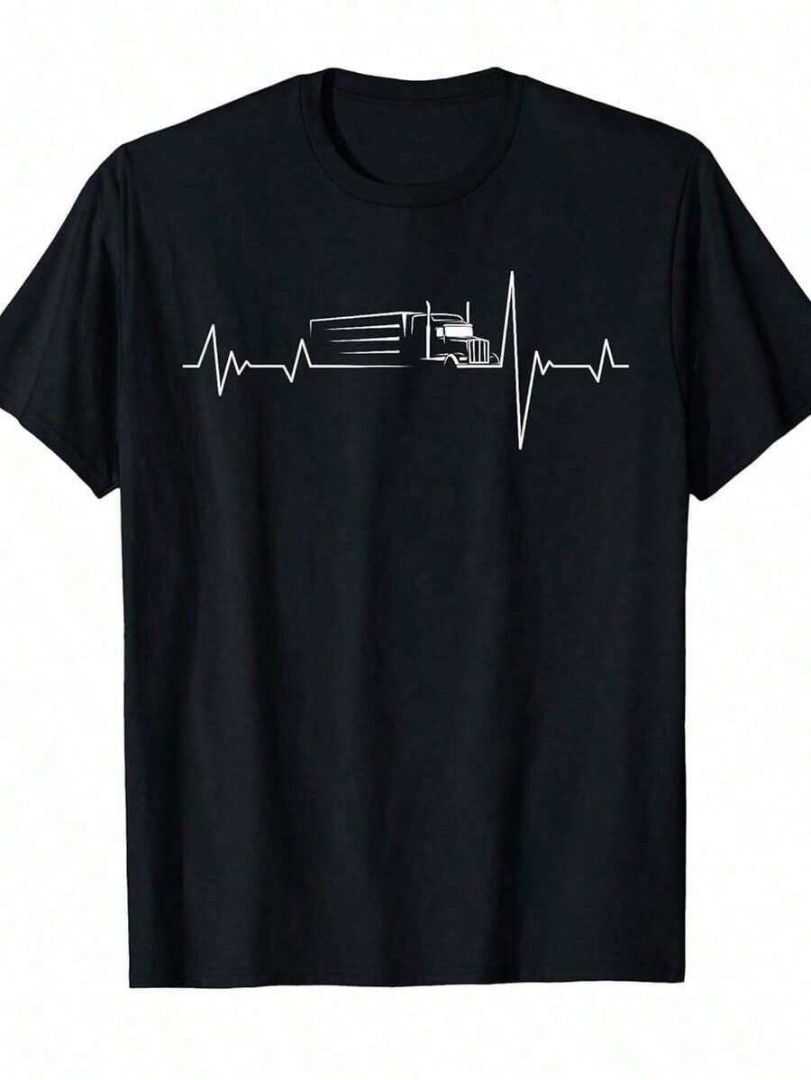Camiseta de camionero para hombres Top pickLocal - Gráfico de semirremolque de 18 ruedas con línea de latido y diseño de semirremolque - Camiseta de manga corta 100% suave con cuello redondo - Regalo ideal para camioneros, conductores, logística - Negro - Ver 1
