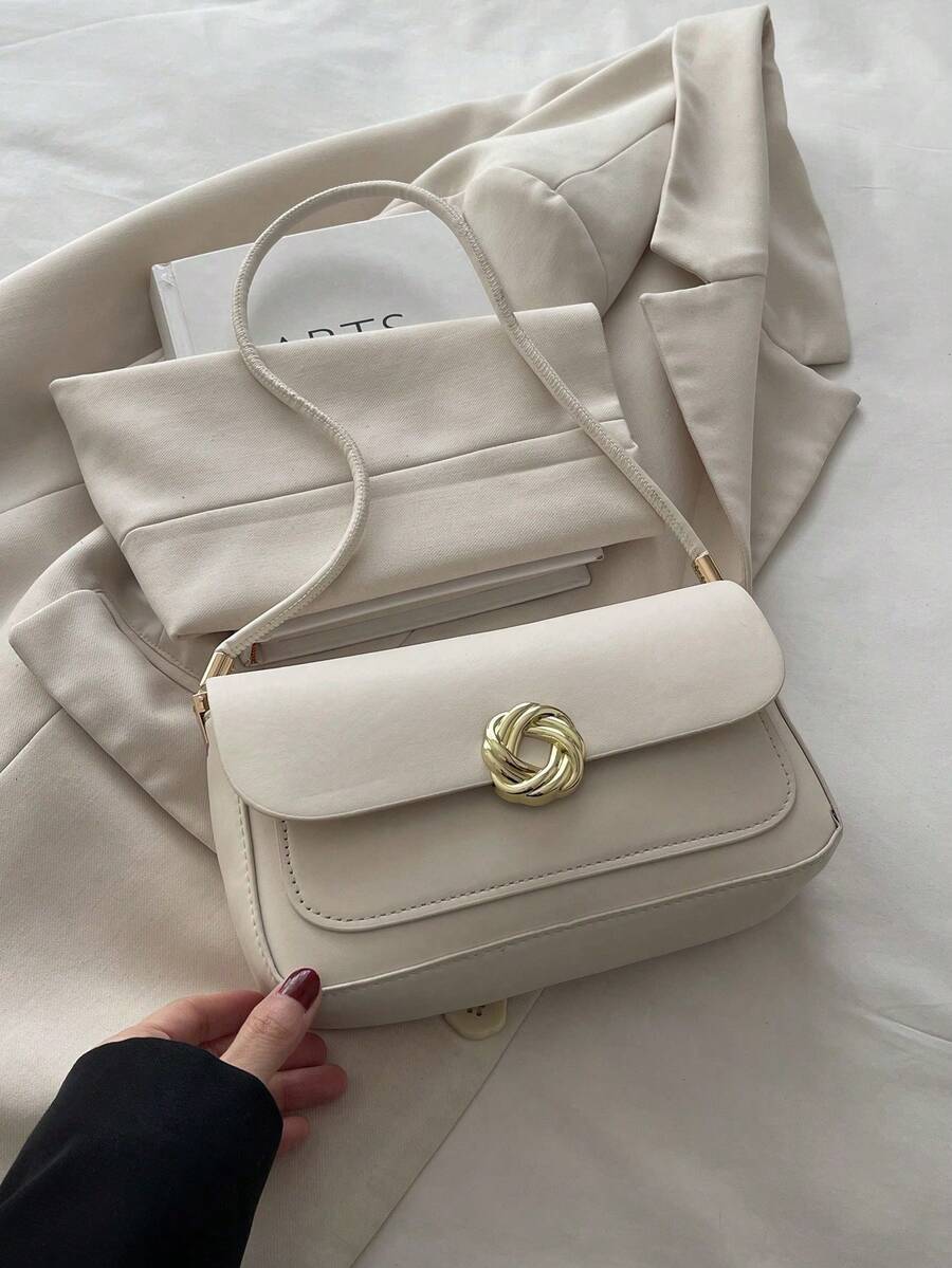 Bolsa de ombro elegante, minimalista e minimalista, com aba assimétrica em cor sólida e estilo vintage. - Bege - Ver 1
