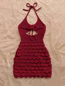 Vestido ajustado con escote en V, tirantes finos, calado y decoración de estrella de mar metálica.Ideal para vacaciones, citas, té de la tarde, festivales de música, estilo bohemio, vacaciones en la playa, verano con tirantes finos y atar en la espalda. - Burdeos - Ver 2