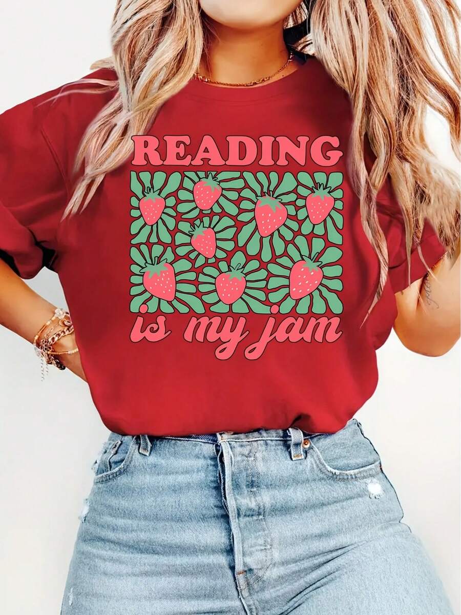 Camiseta Elegante de Manga Corta para Mujer con Estampado "Reading is My Favorite", Cuello Redondo, Cómoda, Suave, Transpirable, Nuevo Regalo Primavera/Verano, a la Moda para Viajes, Vacaciones, Uso Diario, Top Casual Versátil Vintage - Camiseta Unisex de Algodón Holgada de Manga Corta y Cuello Redondo Estilo Vintage Urbano - Rojo - Ver 1