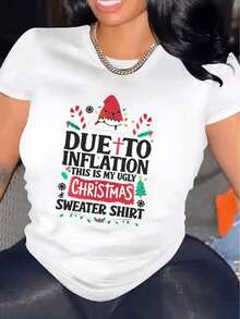 Camiseta de manga corta casual de Navidad para mujer, 1 pieza, 100% algodón grueso - Cómoda cuello redondo, suaves y adorables tops - Negro - Ver 7