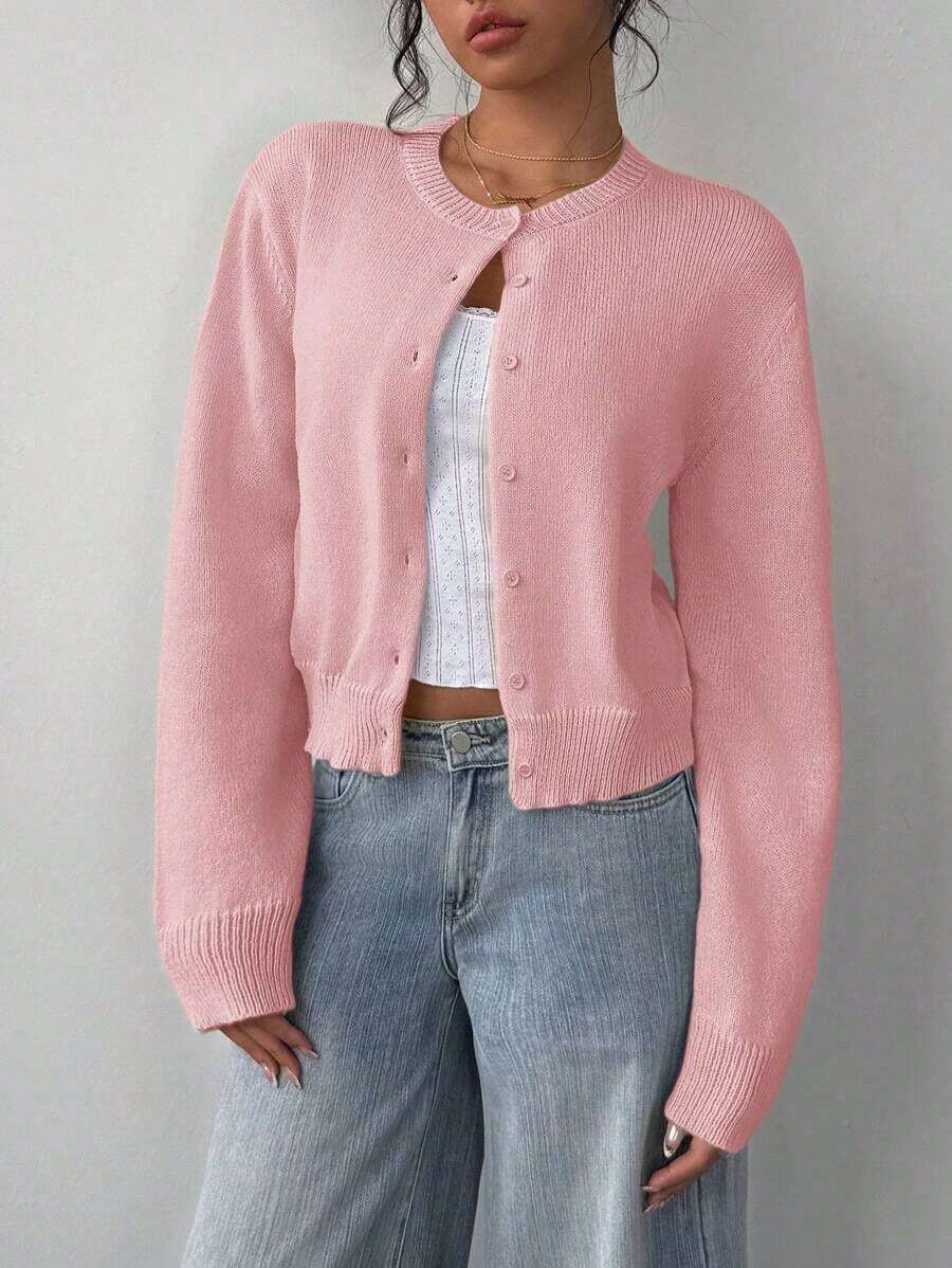 Cárdigan de mujer de manga larga, cuello redondo, suelto y corto, de unicolor, cómodo y acogedor, para el uso diario, en color amarillo mantequilla para otoño/invierno - Rosa - Ver 1
