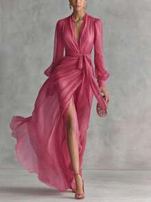 2026 Spring/Summer New European And American Elegant Women's Dress Series Pink Chiffon Wrap Maxi Dress, Waist Tie High Slit Formal Evening Gown Wedding & Gala UUUN - Màu Hồng Tươi - Xem 9