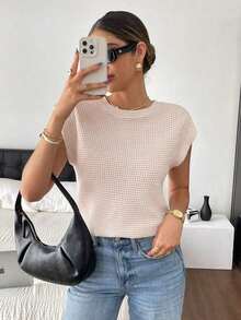 Camiseta casual de cuello redondo de manga corta de unicolor con textura de gofre, cómoda para el verano - Albaricoque - Ver 9