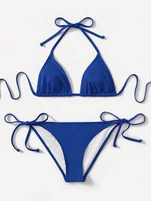 Women's Simple Solid Color Swim Bikini With A Halter Neck And Cutout, Suitable For Beach Vacations And Summer. - Blue-green Water - View 1
