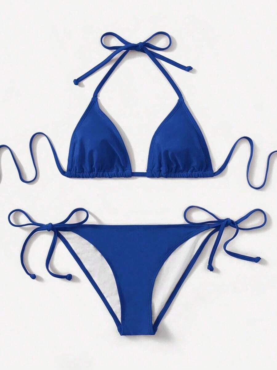 Women's Simple Solid Color Swim Bikini With A Halter Neck And Cutout, Suitable For Beach Vacations And Summer. - Blue-green Water - View 1