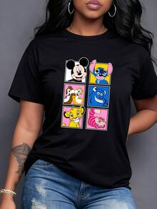 Personajes animados clásicos mostrando alegría y amistad en colores vivos que inspiran energía positiva y recuerdos felices camiseta para mujer cómoda y moderna para usar casualmente - Negro - Ver 1