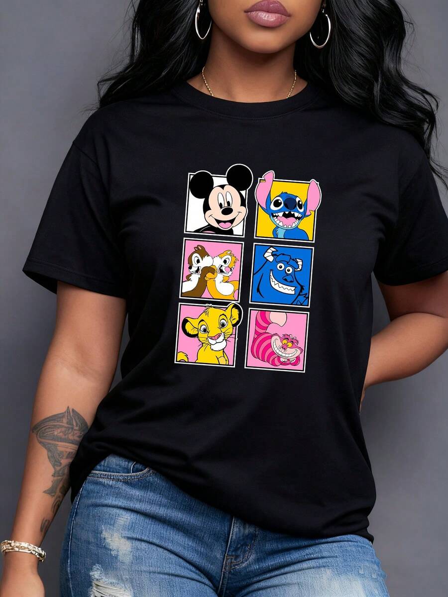 Personajes animados clásicos mostrando alegría y amistad en colores vivos que inspiran energía positiva y recuerdos felices camiseta para mujer cómoda y moderna para usar casualmente - Negro - Ver 1