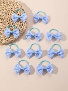 5pcs/10pcs Elegant Checkerboard Printed Bow Hair Scrunchies, Blue Tones, Suitable For Daily, Vacation, Graduation Season Decoration And Gifts - Blue - View 4