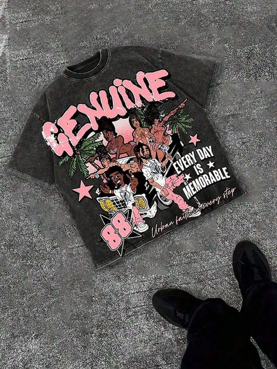Washed Cotton T-Shirt With Retro Vintage Print, 230g, Made Of 100% High-Quality Cotton Fabric, Suitable For Both Men And Women, Ideal For Young Urban Style Lovers, Summer Short-Sleeved T-Shirt, Y2K Urban Style, Unisex, Y2K T-Shirt. - 黑色 - 查看 1