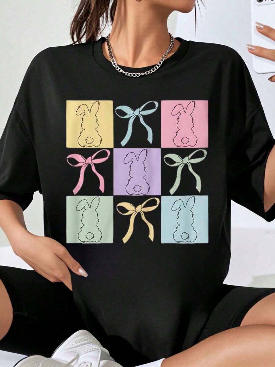 Oversized 100% Cotton T-Shirt With Rabbit Print And Pastel Bow, Spring/Easter Fashion, Casual Loose Fit T-Shirt For Women, Graphic T-Shirt - Vintage Urban Style, Unisex Loose Fit Cotton Short Sleeve Crew Neck T-Shirt - 黑色 - 查看 1