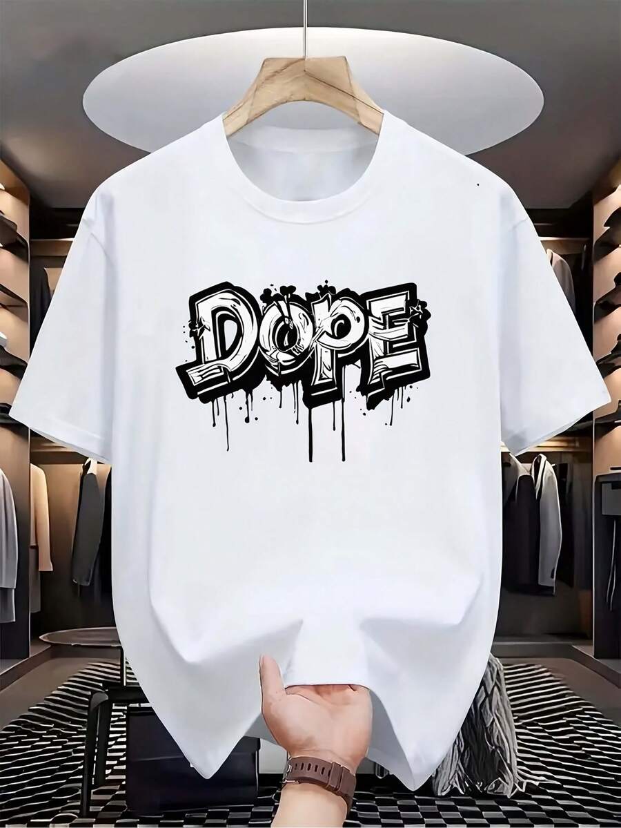 2026 camisetas para hombre - Camiseta casual con estampado gráfico DOPE - Blanca, manga corta, cuello redondo, camiseta de verano con estampado negro llamativo, atuendo casual, top con letra - Blanco - Ver 1