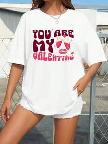 1 pieza, Camiseta Blanca de Mujer para el Día de San Valentín - Estampado de Labios Rojos y Corazones con la Frase "You Are My Valentine", Corte Holgado, Manga Corta, Cuello Redondo, Tela Ligeramente Elástica, Ropa Casual de Primavera Verano para Regalo de San Valentín, 180g 100% Algodón - Blanco - Ver 6