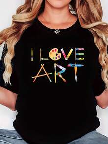 Camiseta y playera de mujer de algodón ajustada, con estampado "I Love Art" formado por herramientas de arte (pinceles, paleta, lápices), cuello redondo casual, ideal para amantes del arte, uso diario, clases y regalos para artistas, cómoda y creativa - Negro - Ver 7