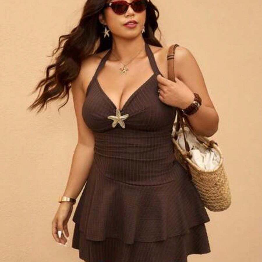 Elaquor Plus Size Women Metal Starfish Decor Halter Swimdress With Swimshorts Spring Beach Vacation Outfit Women Spring Swimdress For Women - Café integral - Ver 1